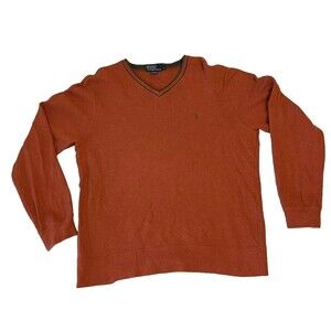Polo Ralph Lauren Men Orange V-Neck Long Sleeve Casual Cotton Pullover Sweater L